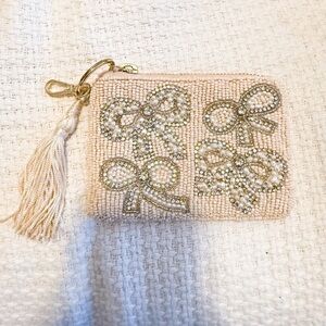 Anthropologie Beaded Bow Clutch in Cream and Silver